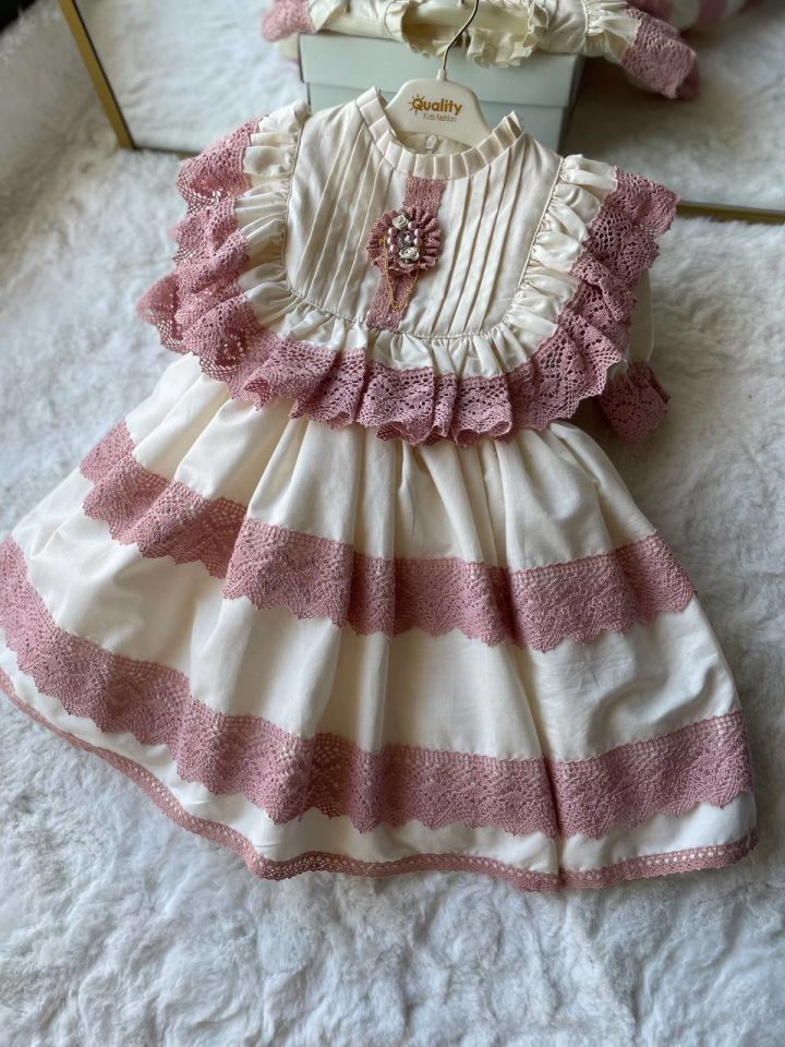 Sare Çocuk Giyim Vintage Konsept Antialerjik Pamuk Kumaş Pembe Güpür Parti Doğum Günü Elbisesi