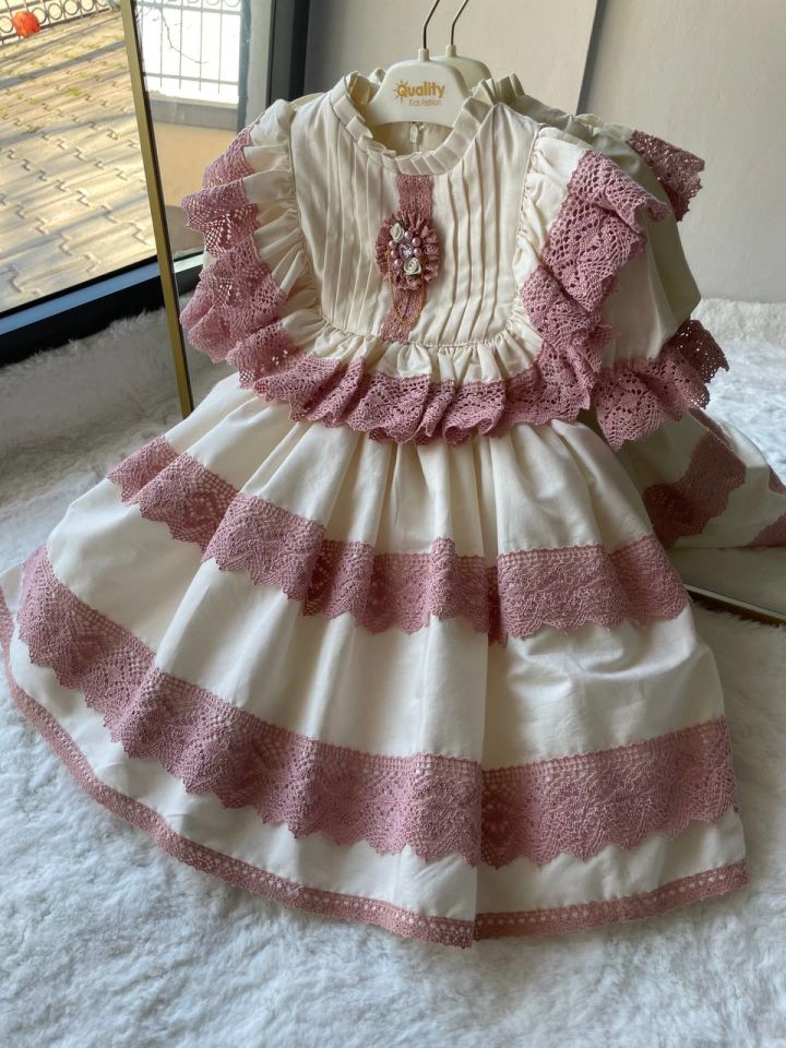 Sare Çocuk Giyim Vintage Konsept Antialerjik Pamuk Kumaş Pembe Güpür Parti Doğum Günü Elbisesi