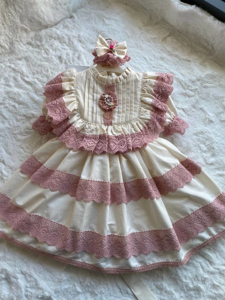 Sare Çocuk Giyim Vintage Konsept Antialerjik Pamuk Kumaş Pembe Güpür Parti Doğum Günü Elbisesi