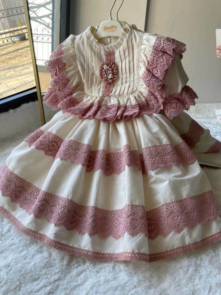 Sare Çocuk Giyim Vintage Konsept Antialerjik Pamuk Kumaş Pembe Güpür Parti Doğum Günü Elbisesi
