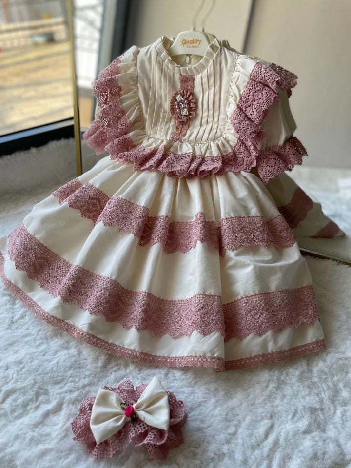 Sare Çocuk Giyim Vintage Konsept Antialerjik Pamuk Kumaş Pembe Güpür Parti Doğum Günü Elbisesi
