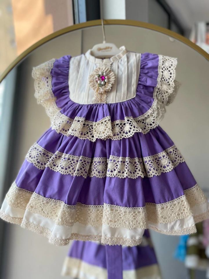 Sare Çocuk Giyim Vintage Konsept Antialerjik Pamuk Kumaş Mor Kumaş Organik Güpür Parti Doğum Günü Özel GünElbisesi