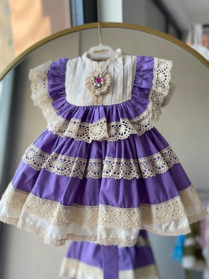 Sare Çocuk Giyim Vintage Konsept Antialerjik Pamuk Kumaş Mor Kumaş Organik Güpür Parti Doğum Günü Özel GünElbisesi