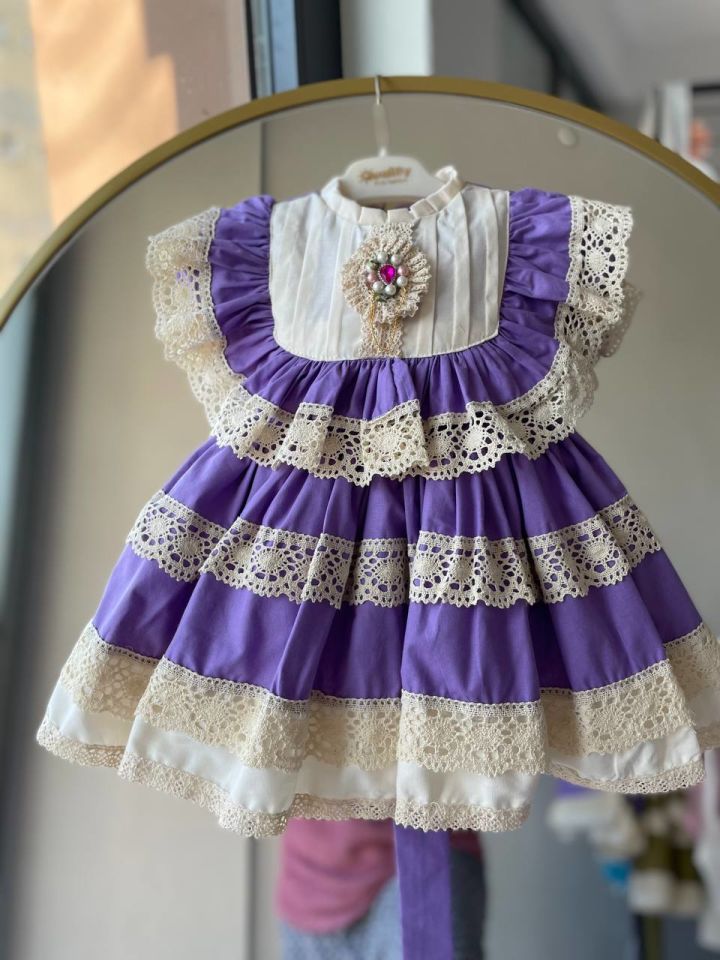 Sare Çocuk Giyim Vintage Konsept Antialerjik Pamuk Kumaş Mor Kumaş Organik Güpür Parti Doğum Günü Özel GünElbisesi