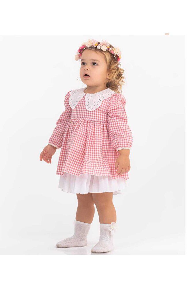 Pembe Pötikare Desen Dantel Yaka Coton Kız Çocuk Elbise