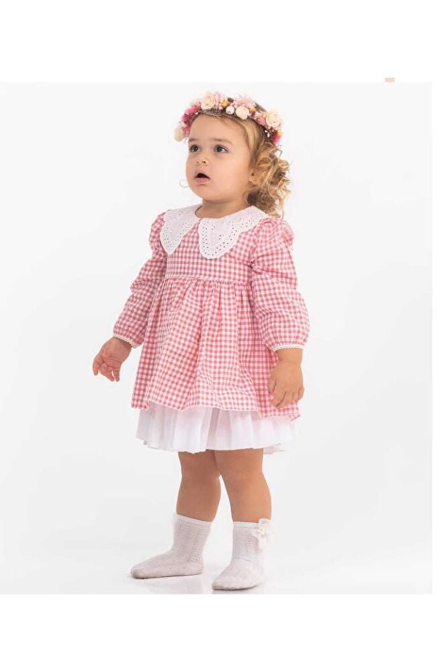 Pembe Pötikare Desen Dantel Yaka Coton Kız Çocuk Elbise