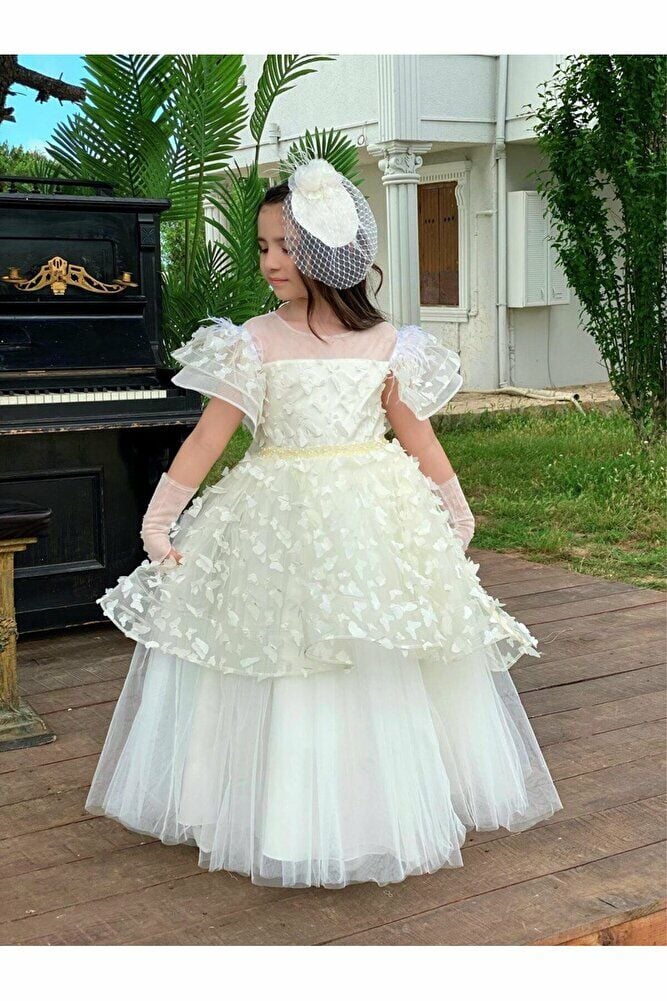 Beyaz Kelebek Detaylı Kız Çocuk Abiye Elbise, Toka, Eldiven