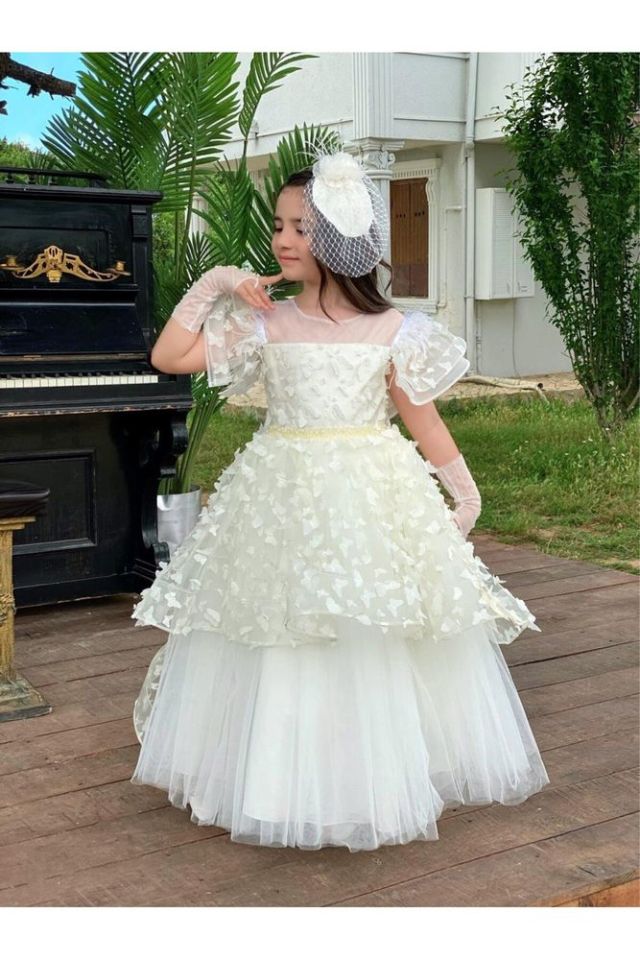 Beyaz Kelebek Detaylı Kız Çocuk Abiye Elbise, Toka, Eldiven