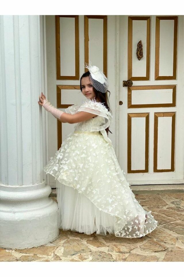 Beyaz Kelebek Detaylı Kız Çocuk Abiye Elbise, Toka, Eldiven