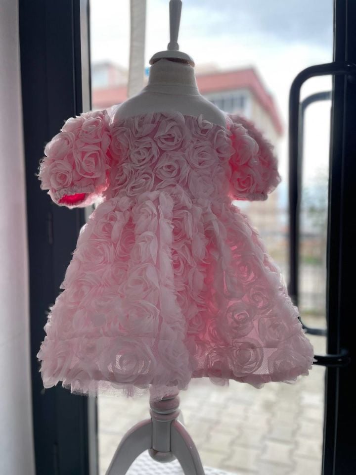 Kız Bebek Çocuk Pembe Gül Motifli Özel Gün Çocuk Doğum Günü Abiye Elbise