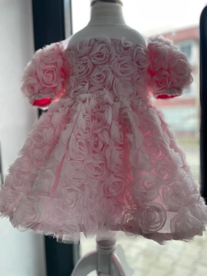 Kız Bebek Çocuk Pembe Gül Motifli Özel Gün Çocuk Doğum Günü Abiye Elbise