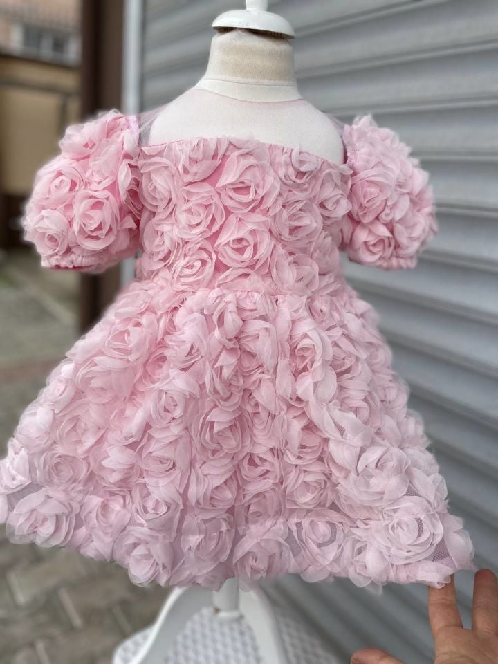Kız Bebek Çocuk Pembe Gül Motifli Özel Gün Çocuk Doğum Günü Abiye Elbise