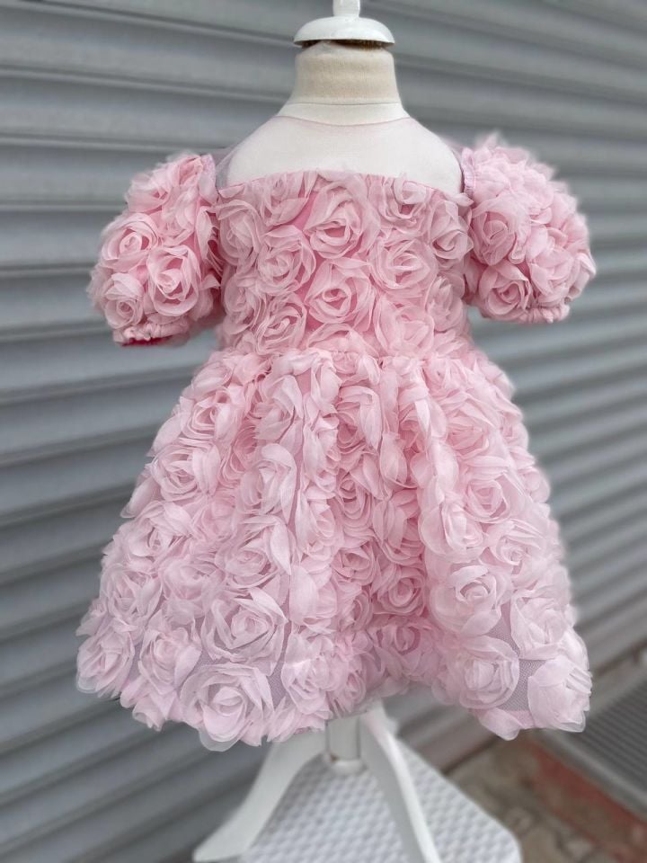 Kız Bebek Çocuk Pembe Gül Motifli Özel Gün Çocuk Doğum Günü Abiye Elbise
