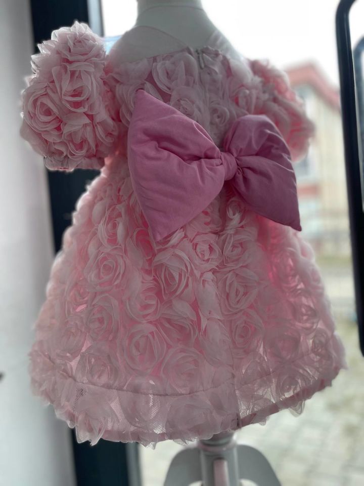 Kız Bebek Çocuk Pembe Gül Motifli Özel Gün Çocuk Doğum Günü Abiye Elbise