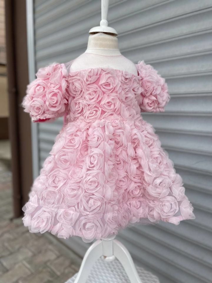 Kız Bebek Çocuk Pembe Gül Motifli Özel Gün Çocuk Doğum Günü Abiye Elbise