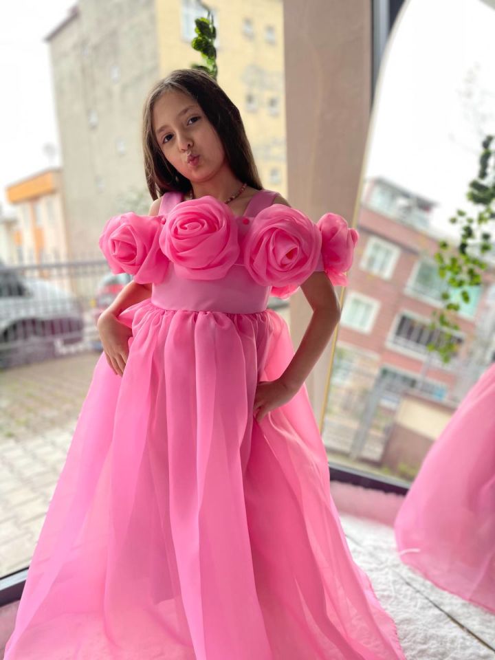 3 Boyut Gül Detaylı Barbie Pembe Uzun Çocuk Abiye Elbise
