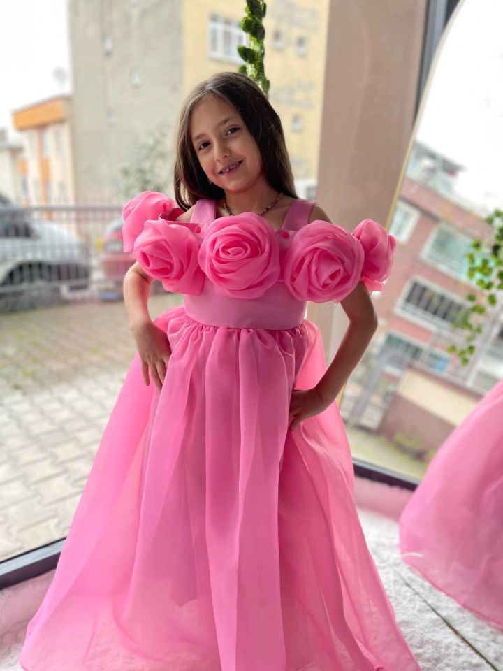 3 Boyut Gül Detaylı Barbie Pembe Uzun Çocuk Abiye Elbise