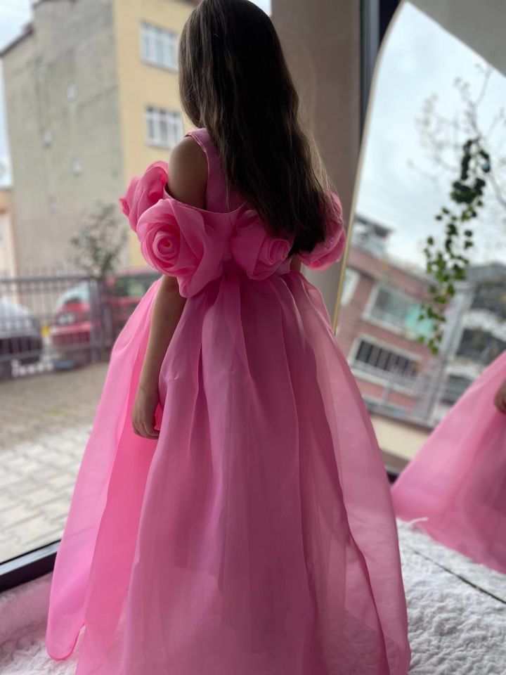 3 Boyut Gül Detaylı Barbie Pembe Uzun Çocuk Abiye Elbise