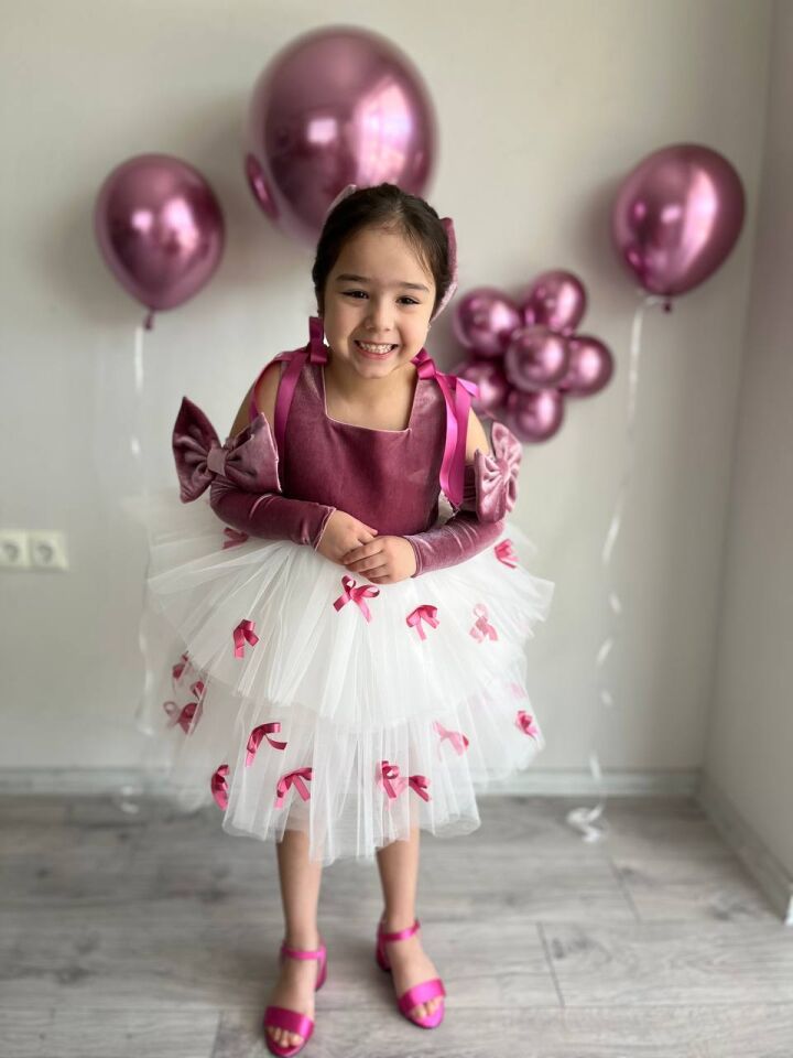 Sare Çocuk Giyim Kız Çocuk Fuşya Pembe Doğum Günü Mini Fiyonk Detaylı Tütü Abiye Parti Elbise, + Toka + Kolluk