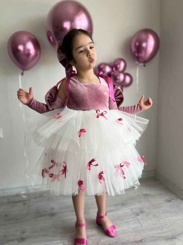 Sare Çocuk Giyim Kız Çocuk Fuşya Pembe Doğum Günü Mini Fiyonk Detaylı Tütü Abiye Parti Elbise, + Toka + Kolluk