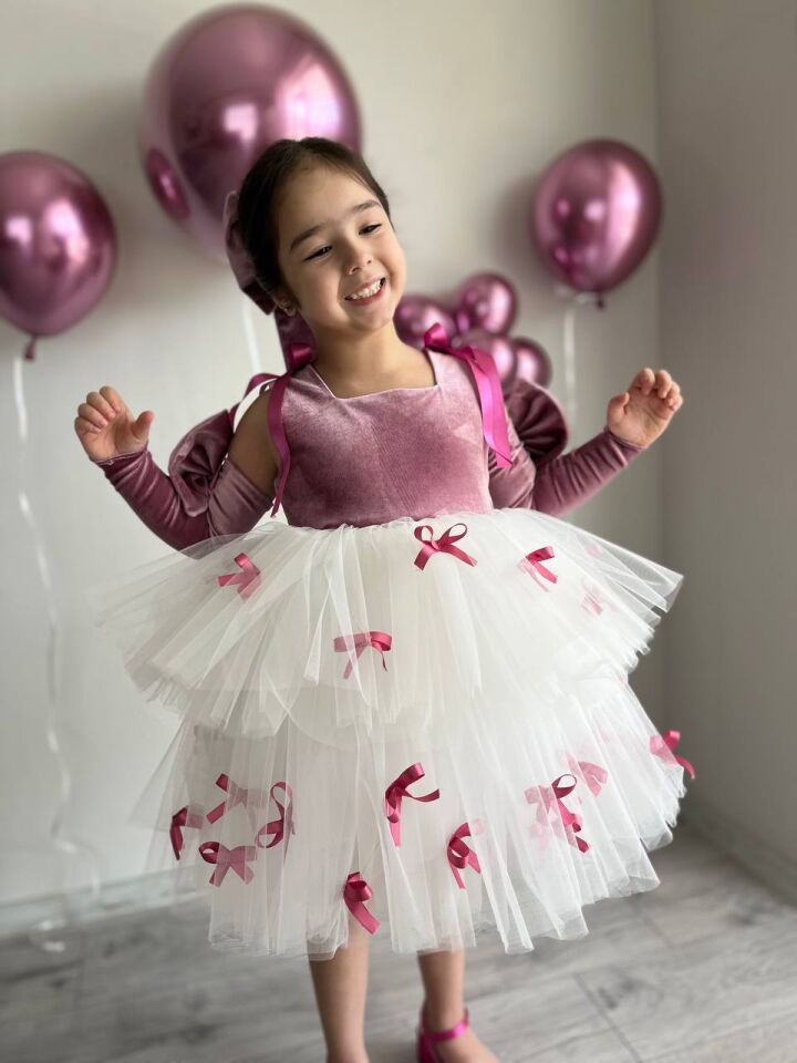 Sare Çocuk Giyim Kız Çocuk Fuşya Pembe Doğum Günü Mini Fiyonk Detaylı Tütü Abiye Parti Elbise, + Toka + Kolluk