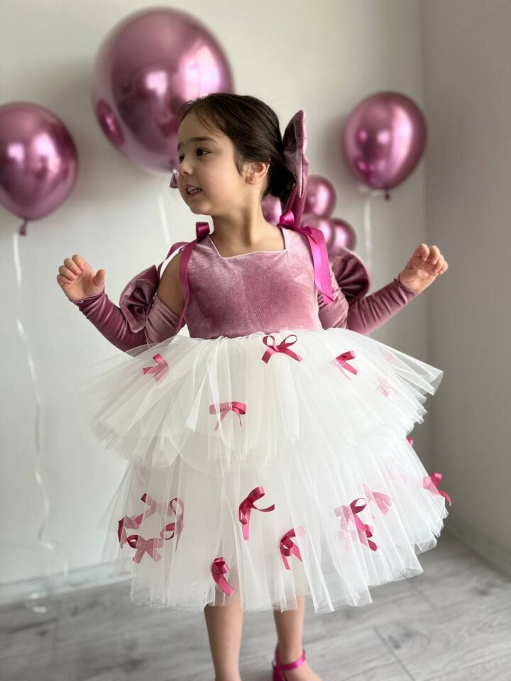 Sare Çocuk Giyim Kız Çocuk Fuşya Pembe Doğum Günü Mini Fiyonk Detaylı Tütü Abiye Parti Elbise, + Toka + Kolluk