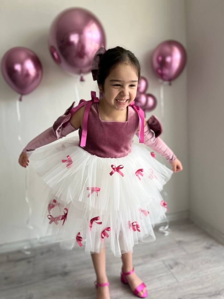 Sare Çocuk Giyim Kız Çocuk Fuşya Pembe Doğum Günü Mini Fiyonk Detaylı Tütü Abiye Parti Elbise, + Toka + Kolluk
