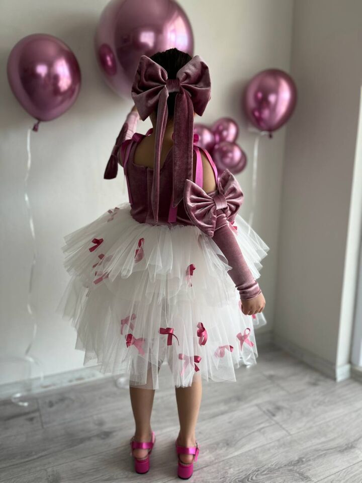 Sare Çocuk Giyim Kız Çocuk Fuşya Pembe Doğum Günü Mini Fiyonk Detaylı Tütü Abiye Parti Elbise, + Toka + Kolluk