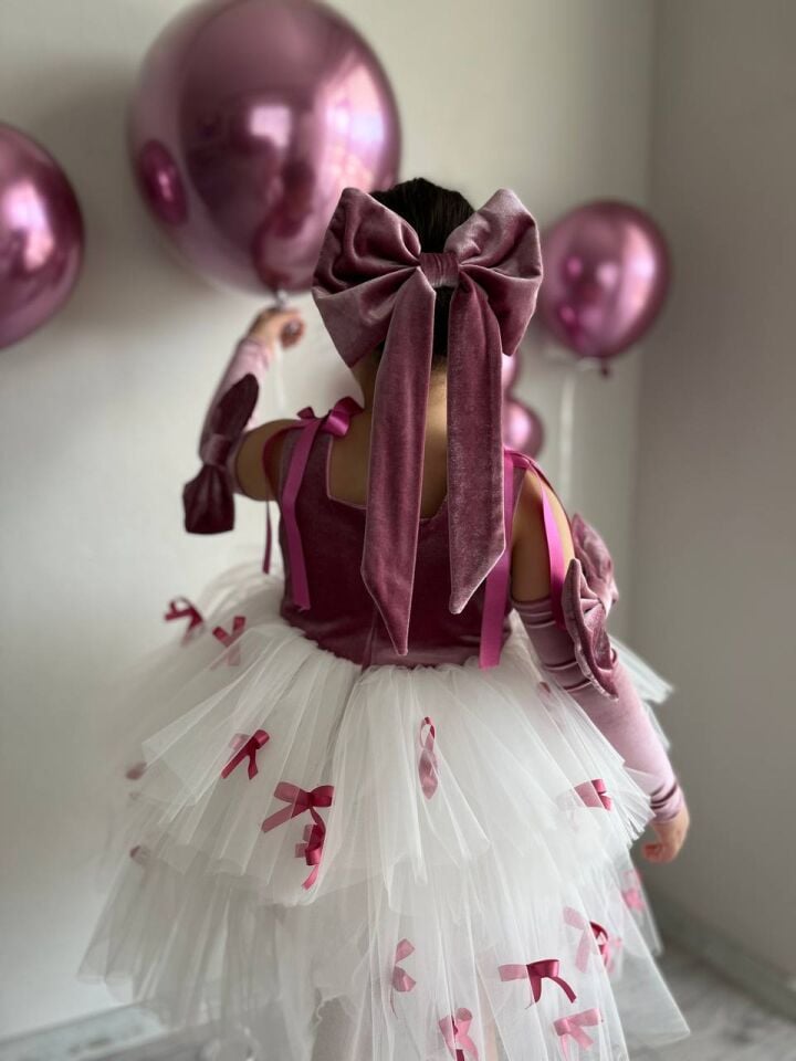 Sare Çocuk Giyim Kız Çocuk Fuşya Pembe Doğum Günü Mini Fiyonk Detaylı Tütü Abiye Parti Elbise, + Toka + Kolluk