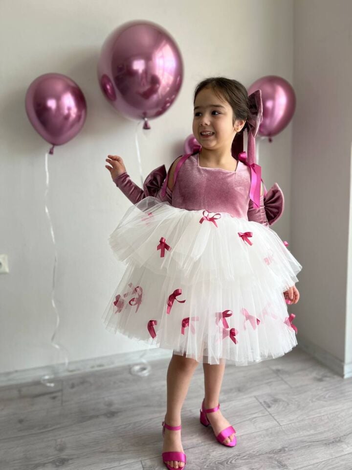 Sare Çocuk Giyim Kız Çocuk Fuşya Pembe Doğum Günü Mini Fiyonk Detaylı Tütü Abiye Parti Elbise, + Toka + Kolluk