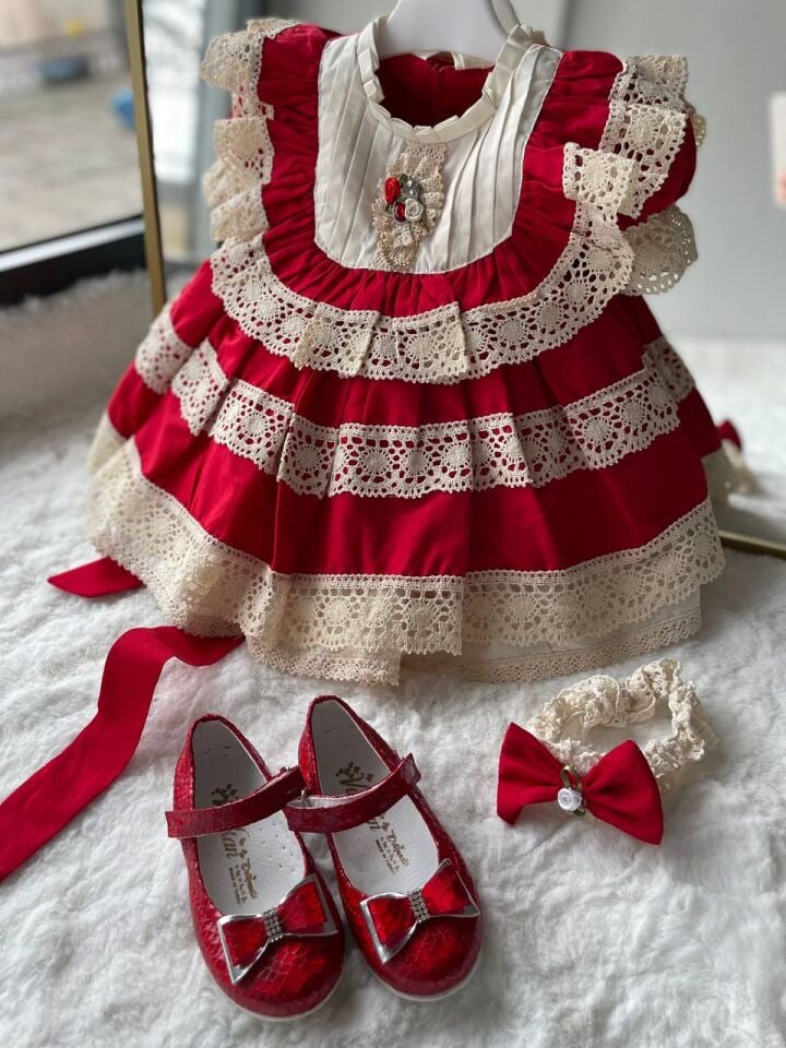 Sare Çocuk Giyim Kız Çocuk Kırmızı Vintage Ham Pamuk Organik Güpürlü Özel Gün Elbisesi