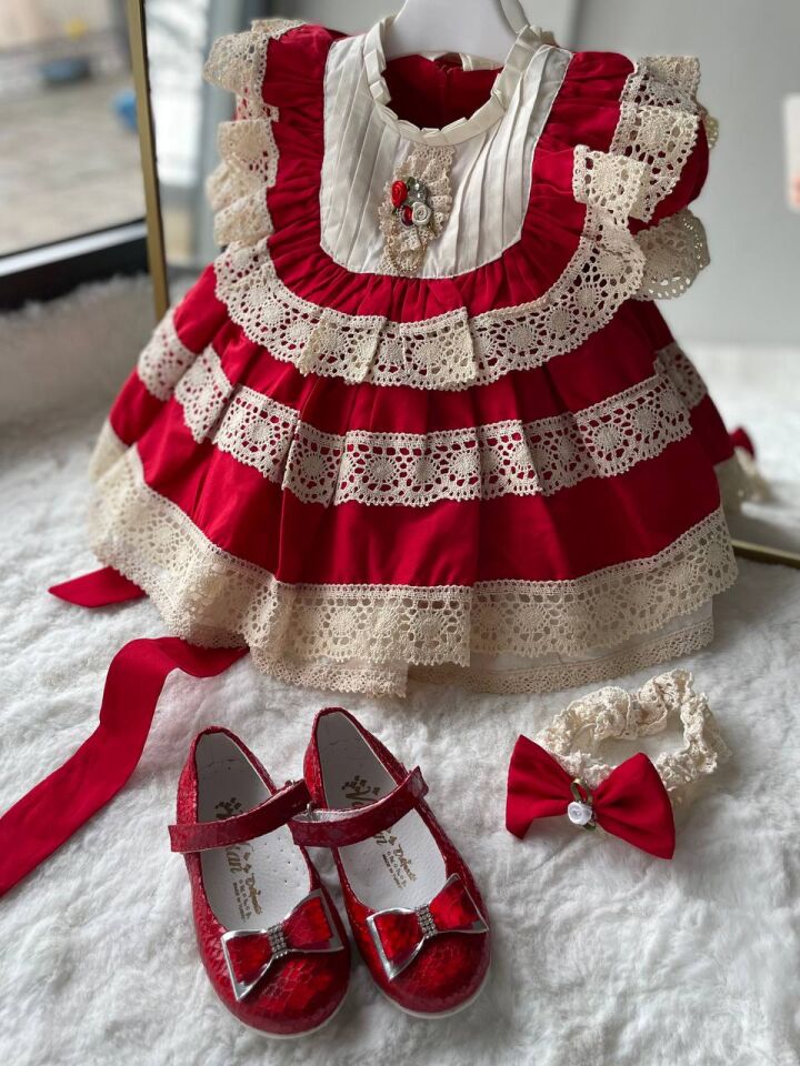 Sare Çocuk Giyim Kız Çocuk Kırmızı Vintage Ham Pamuk Organik Güpürlü Özel Gün Elbisesi