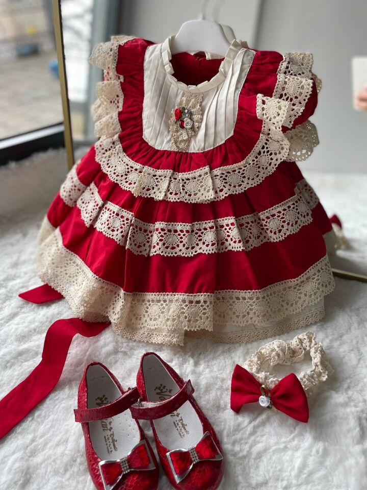 Sare Çocuk Giyim Kız Çocuk Kırmızı Vintage Ham Pamuk Organik Güpürlü Özel Gün Elbisesi