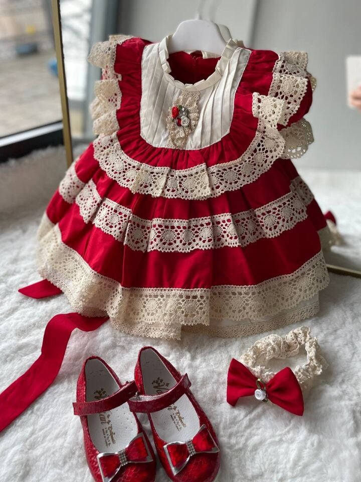 Sare Çocuk Giyim Kız Çocuk Kırmızı Vintage Ham Pamuk Organik Güpürlü Özel Gün Elbisesi