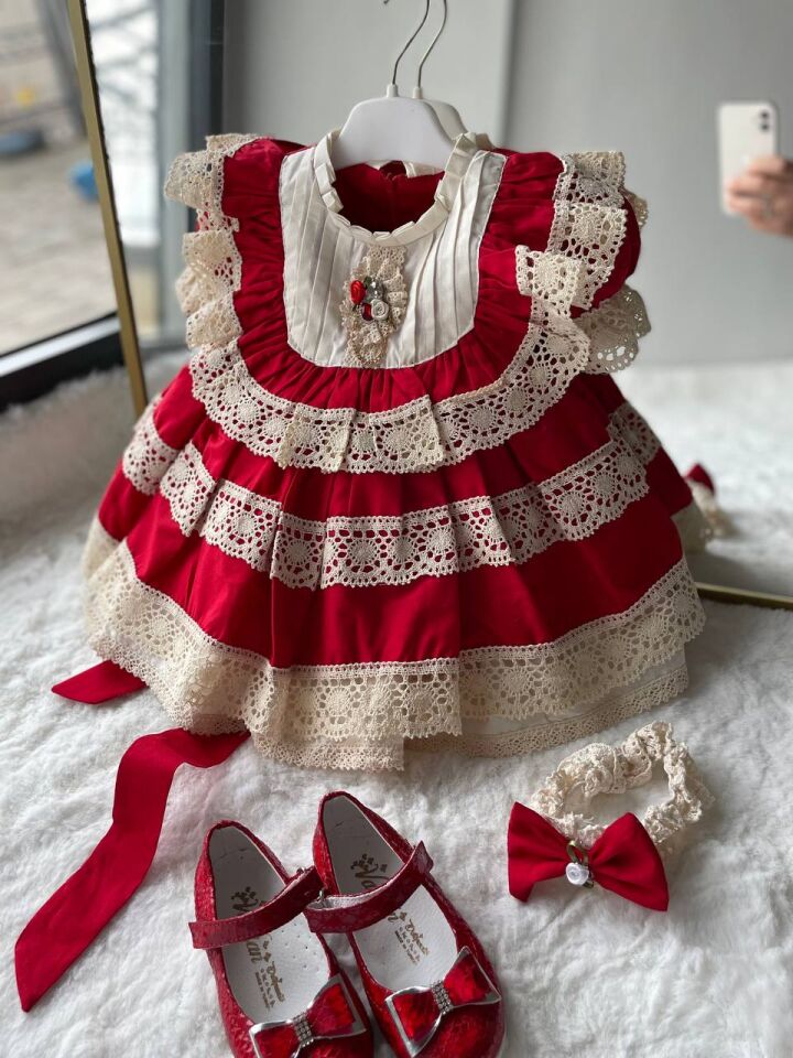 Sare Çocuk Giyim Kız Çocuk Kırmızı Vintage Ham Pamuk Organik Güpürlü Özel Gün Elbisesi