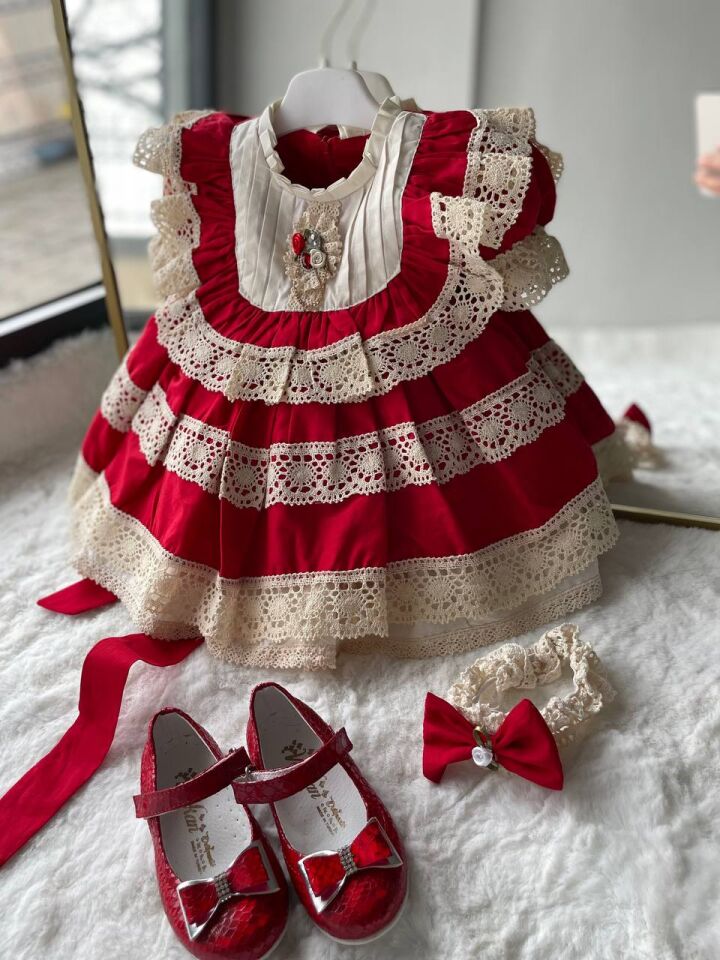 Sare Çocuk Giyim Kız Çocuk Kırmızı Vintage Ham Pamuk Organik Güpürlü Özel Gün Elbisesi