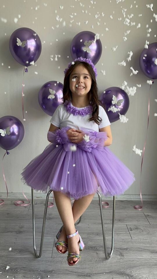 Kız Çocuk Lila Prenses Tütü Etek, Taç, Bileklik, Tişört Doğum Günü Kombini 5'li Set