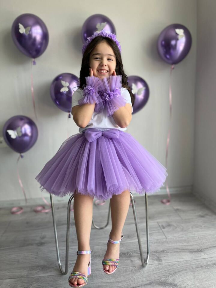 Kız Çocuk Lila Prenses Tütü Etek, Taç, Bileklik, Tişört Doğum Günü Kombini 5'li Set