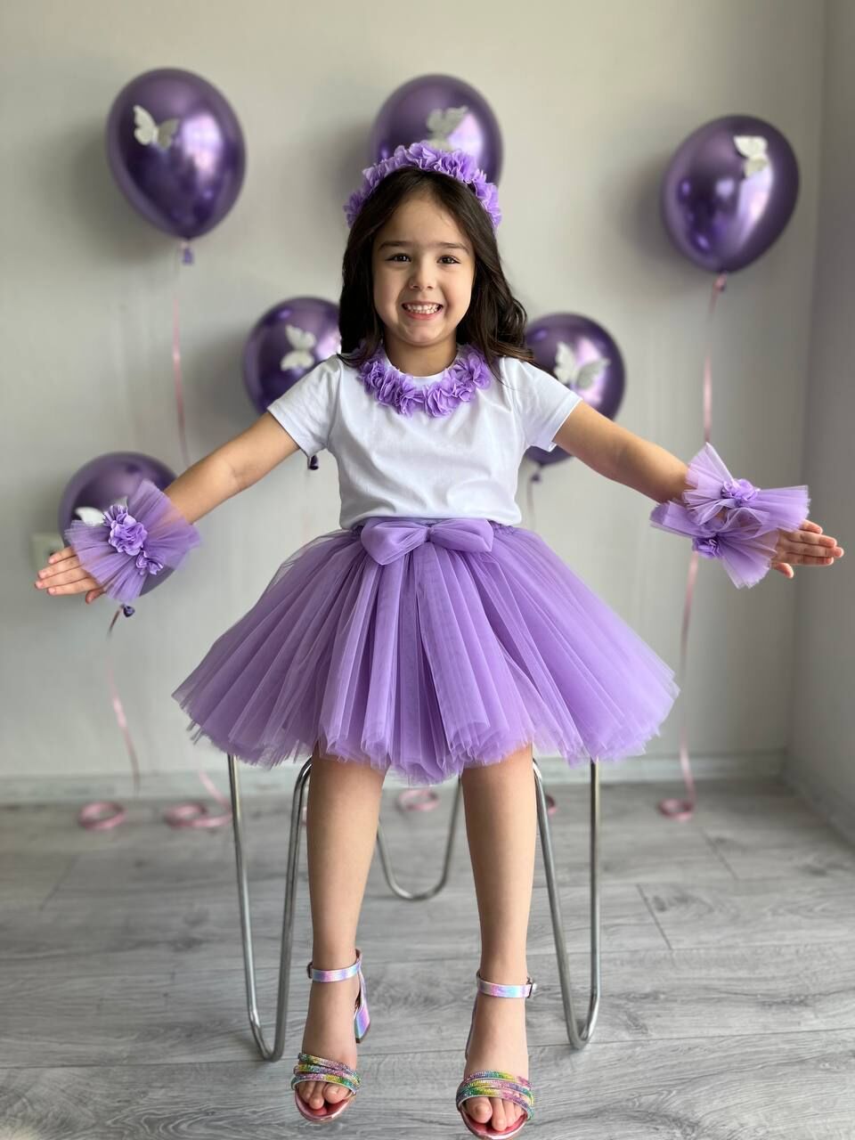 Kız Çocuk Lila Prenses Tütü Etek, Taç, Bileklik, Tişört Doğum Günü Kombini 5'li Set