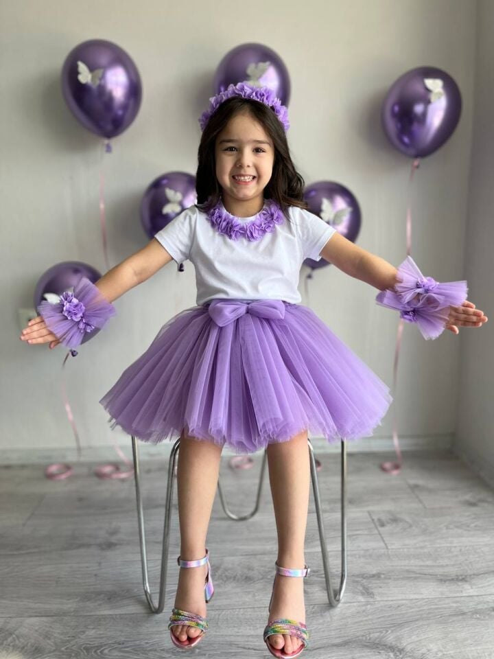 Kız Çocuk Lila Prenses Tütü Etek, Taç, Bileklik, Tişört Doğum Günü Kombini 5'li Set