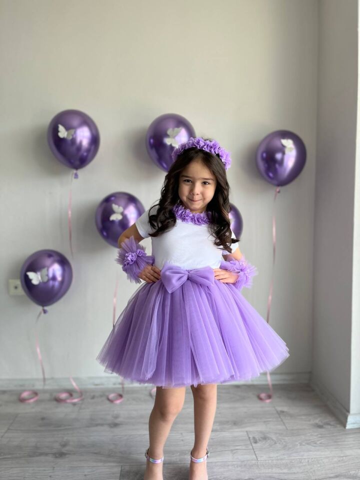 Kız Çocuk Lila Prenses Tütü Etek, Taç, Bileklik, Tişört Doğum Günü Kombini 5'li Set