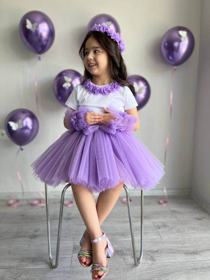 Kız Çocuk Lila Prenses Tütü Etek, Taç, Bileklik, Tişört Doğum Günü Kombini 5'li Set