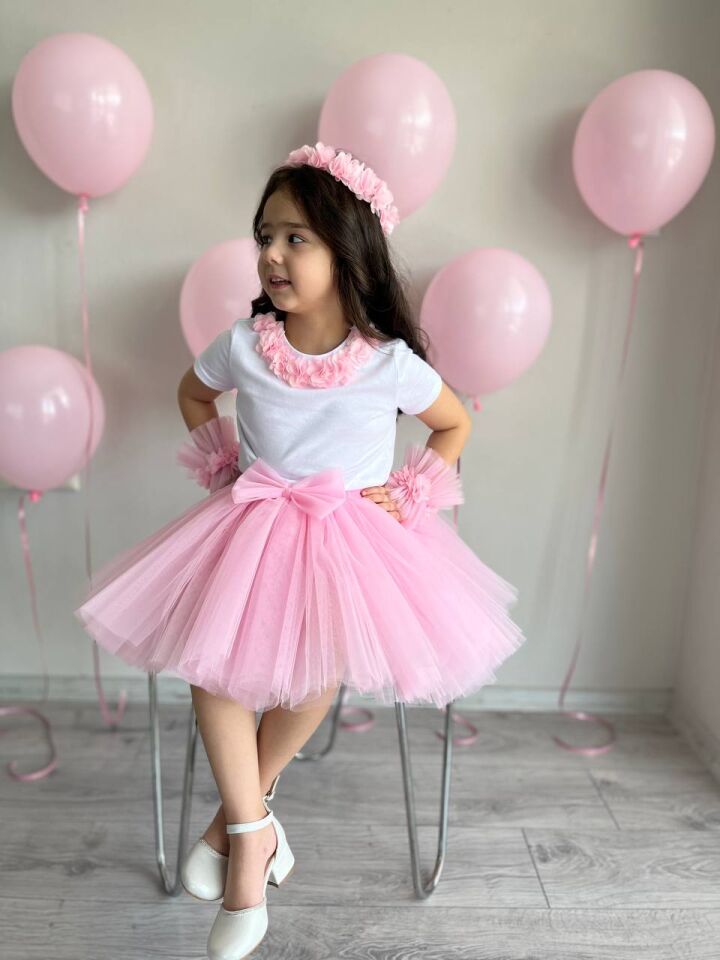 Kız Çocuk Pembe Çiçekli Prenses Tütü Etek, Taç, Bileklik, Tişört Doğum Günü Kombini 5'li Set