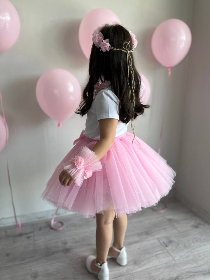 Kız Çocuk Pembe Çiçekli Prenses Tütü Etek, Taç, Bileklik, Tişört Doğum Günü Kombini 5'li Set