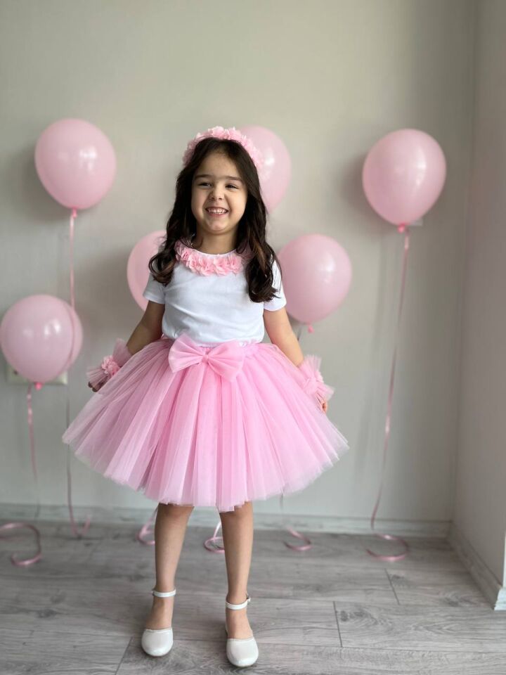 Kız Çocuk Pembe Çiçekli Prenses Tütü Etek, Taç, Bileklik, Tişört Doğum Günü Kombini 5'li Set