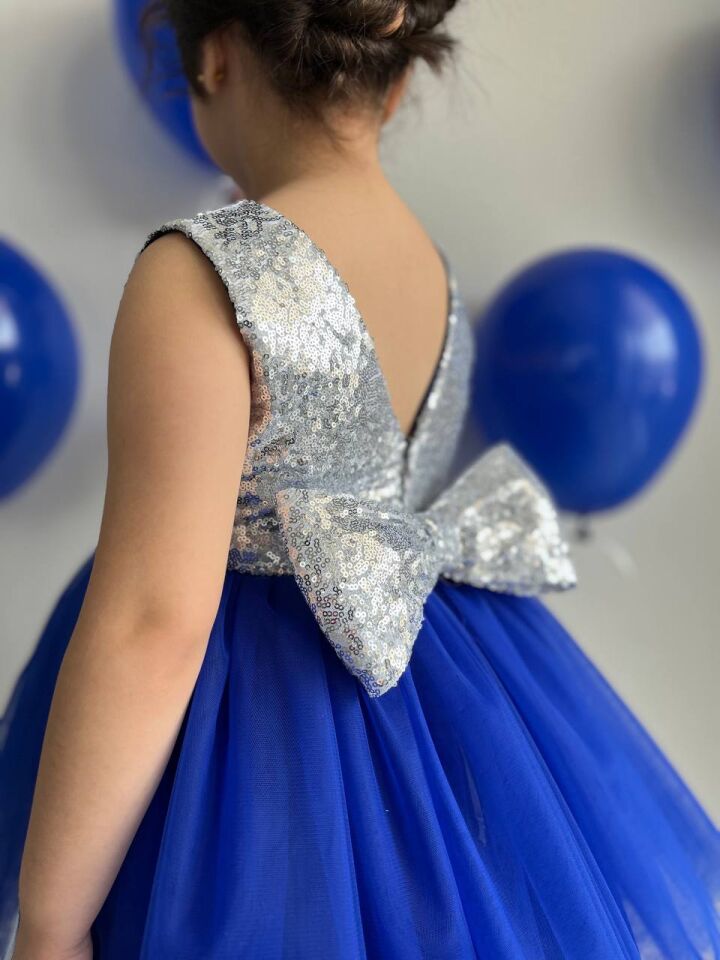 Saks Mavisi Tütü Etek Detaylı Gümüş Payet Kız Çocuk Parti Elbisesi