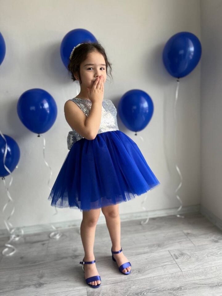 Saks Mavisi Tütü Etek Detaylı Gümüş Payet Kız Çocuk Parti Elbisesi