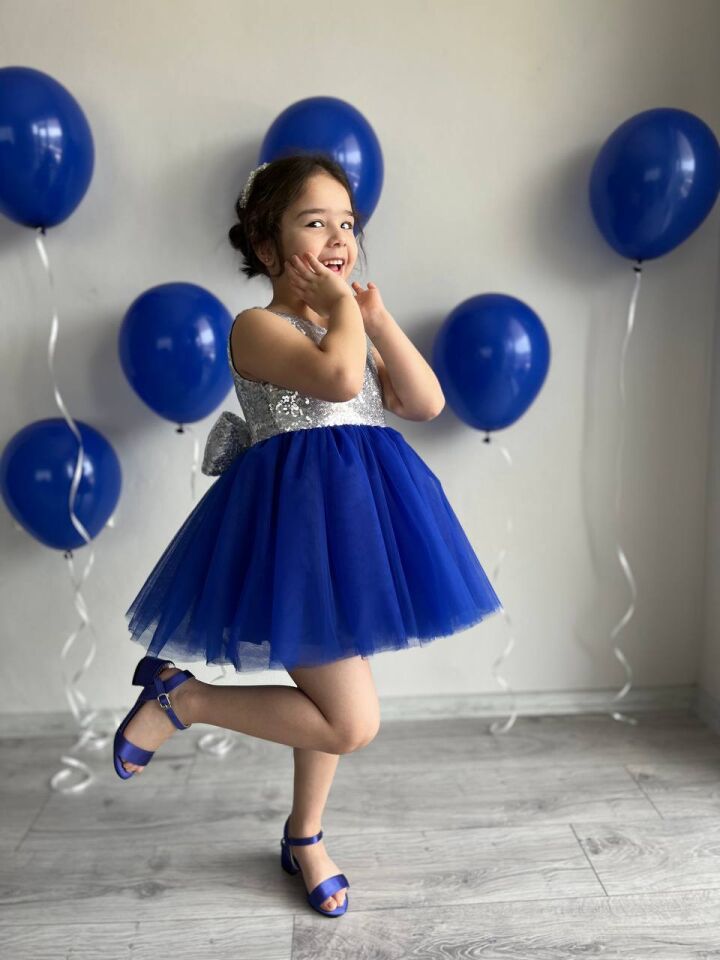 Saks Mavisi Tütü Etek Detaylı Gümüş Payet Kız Çocuk Parti Elbisesi