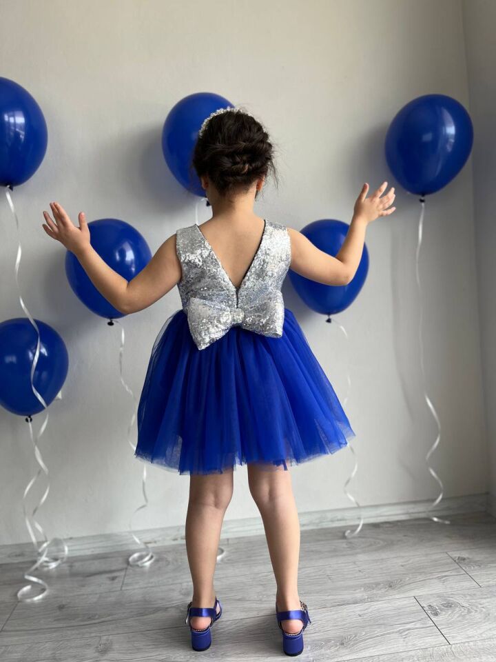 Saks Mavisi Tütü Etek Detaylı Gümüş Payet Kız Çocuk Parti Elbisesi