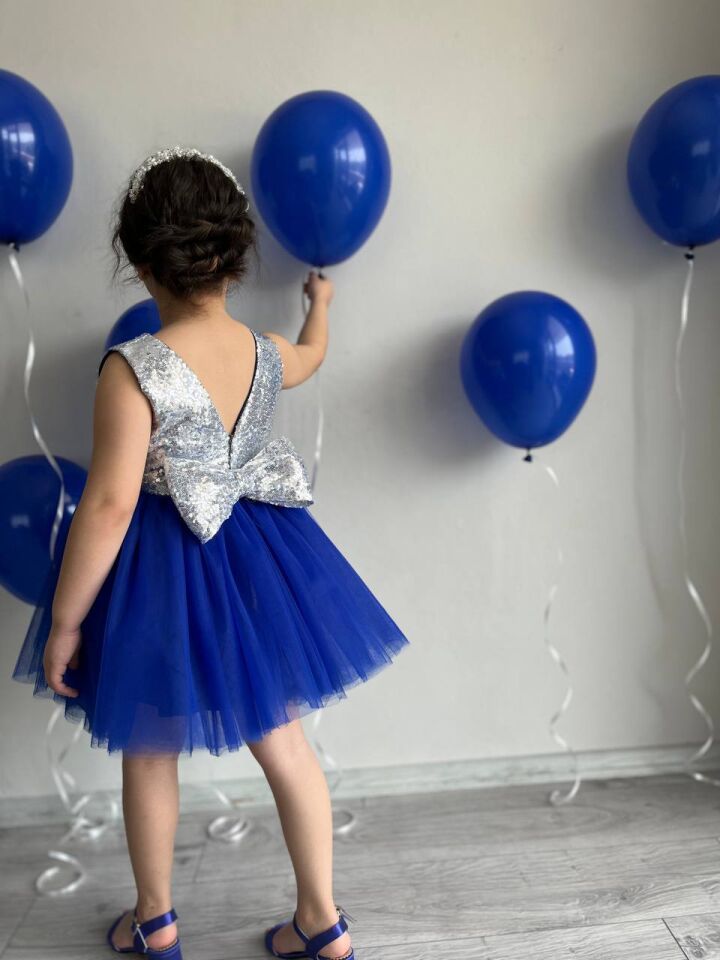 Saks Mavisi Tütü Etek Detaylı Gümüş Payet Kız Çocuk Parti Elbisesi